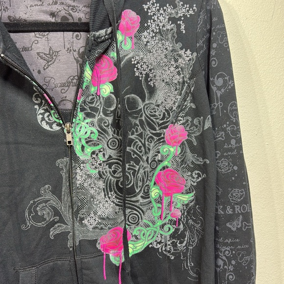 (W3) Self esteem, Y2K Vintage Floral Skull Print  Style Up Hooded Jacket W, Sz M - Picture 6 of 10